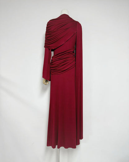Red Draped Fold Cape Sleeve Maxi Dress