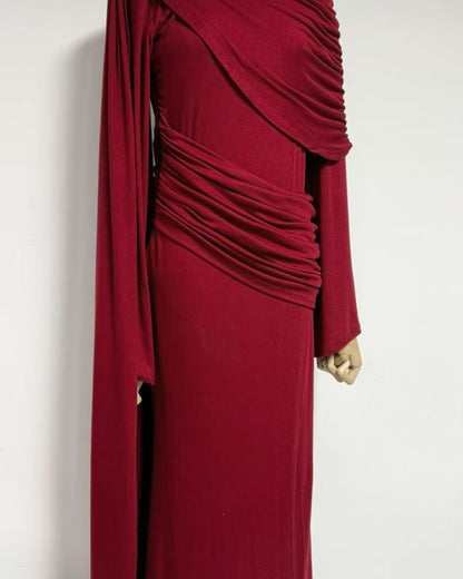 Red Draped Fold Cape Sleeve Maxi Dress