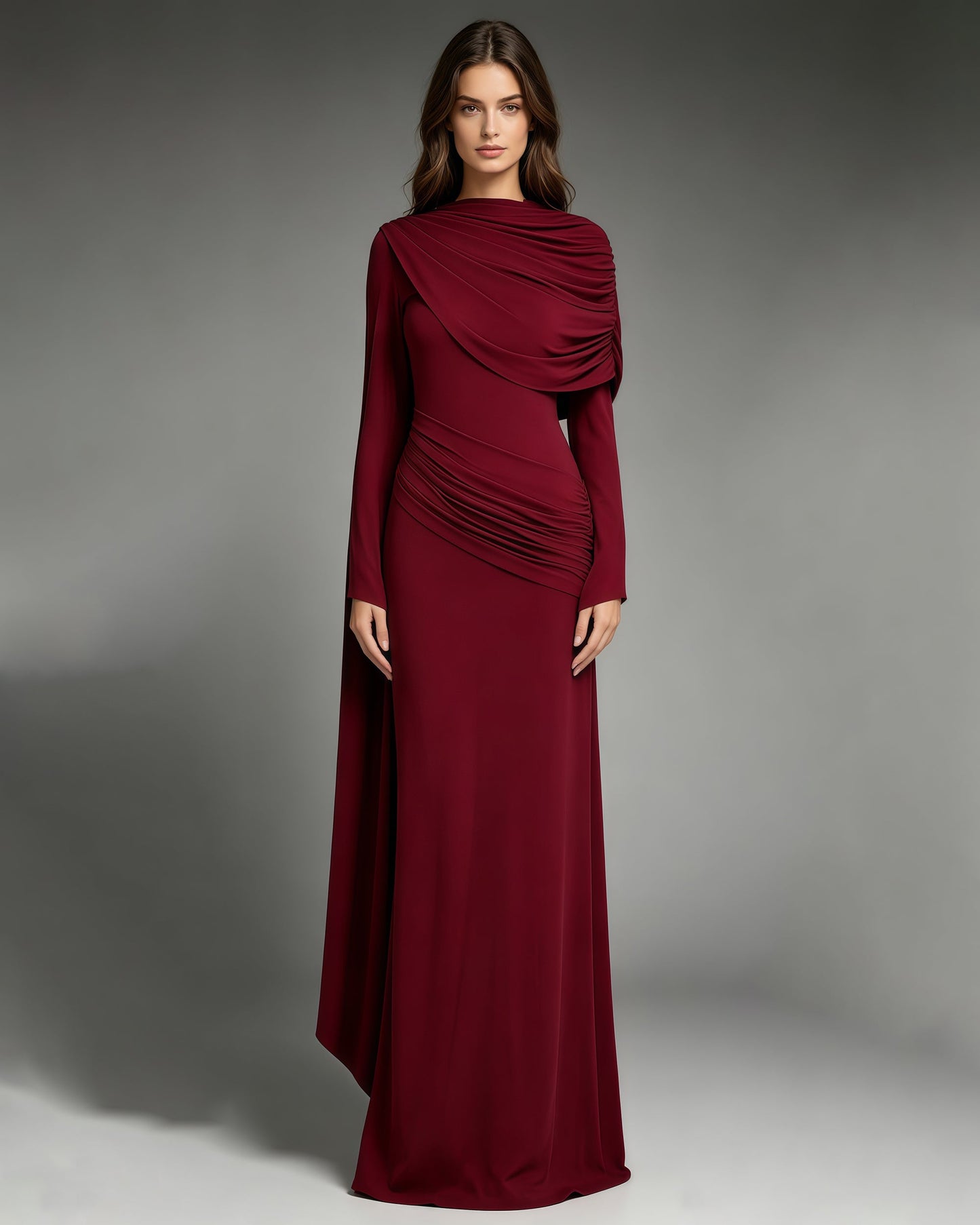 Red Draped Fold Cape Sleeve Maxi Dress