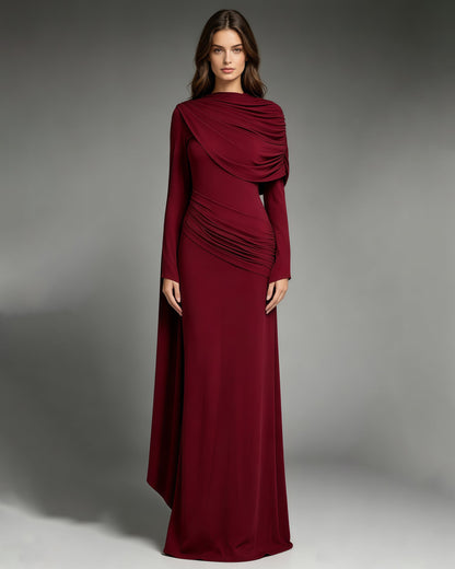 Red Draped Fold Cape Sleeve Maxi Dress
