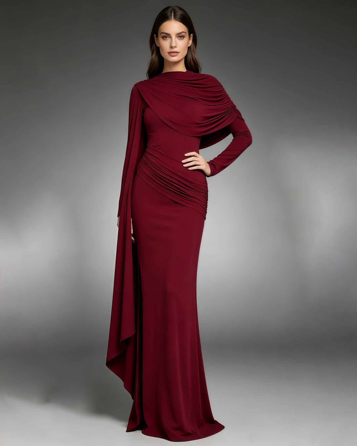 Red Draped Fold Cape Sleeve Maxi Dress