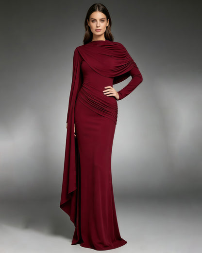 Red Draped Fold Cape Sleeve Maxi Dress
