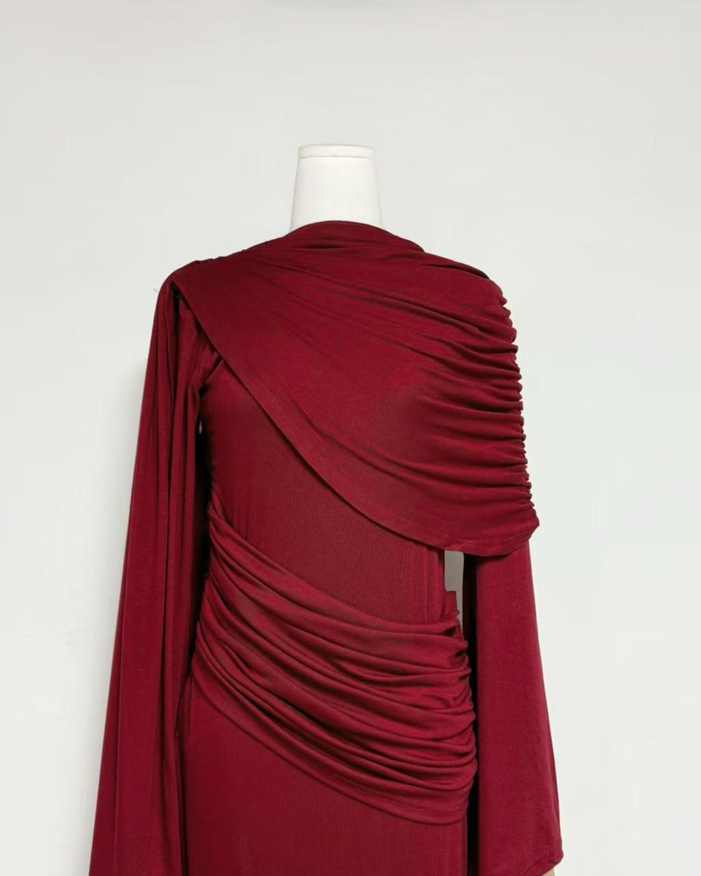 Red Draped Fold Cape Sleeve Maxi Dress