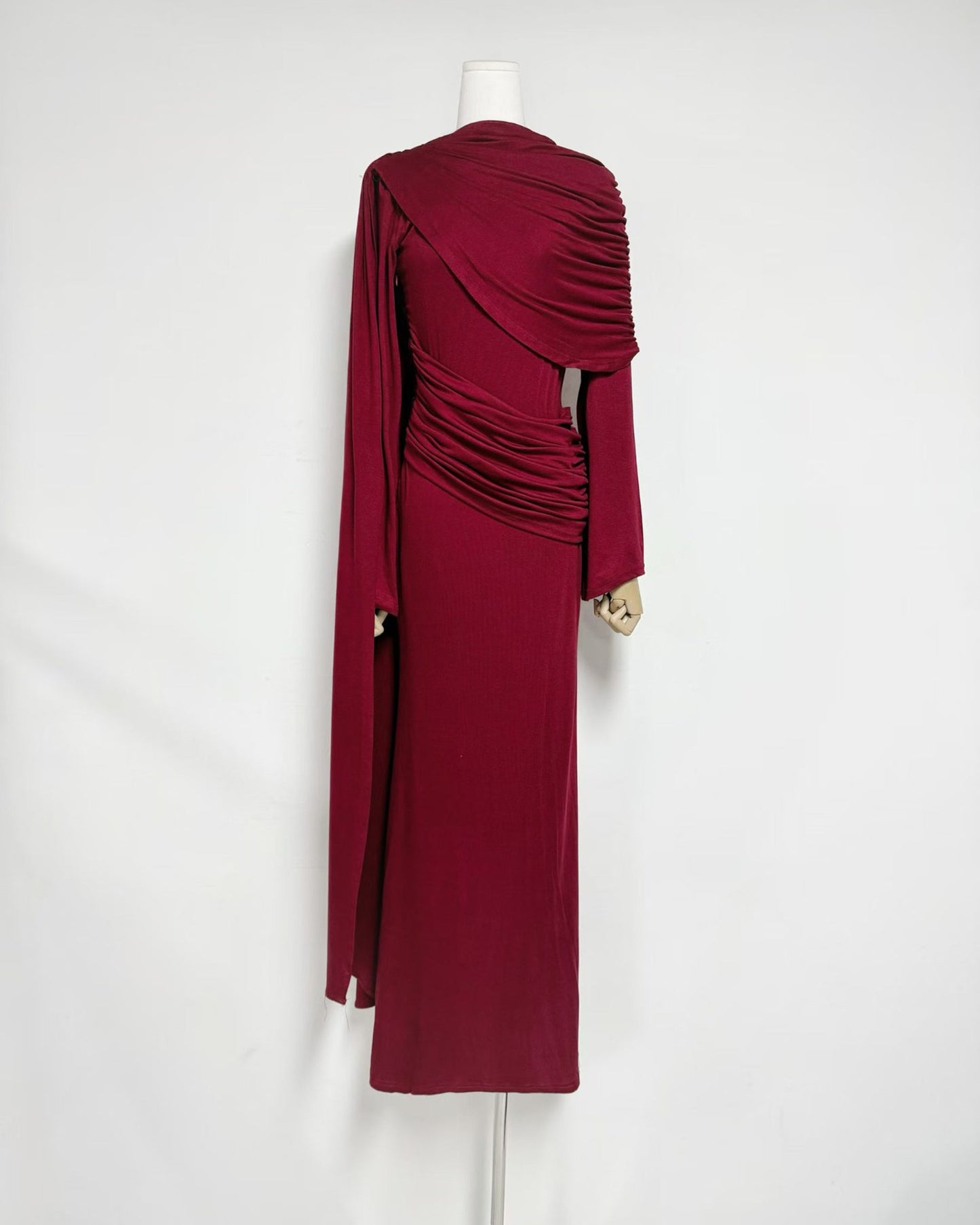 Red Draped Fold Cape Sleeve Maxi Dress