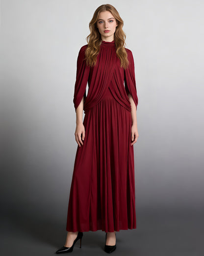 Red High Neck Draped Maxi Dress
