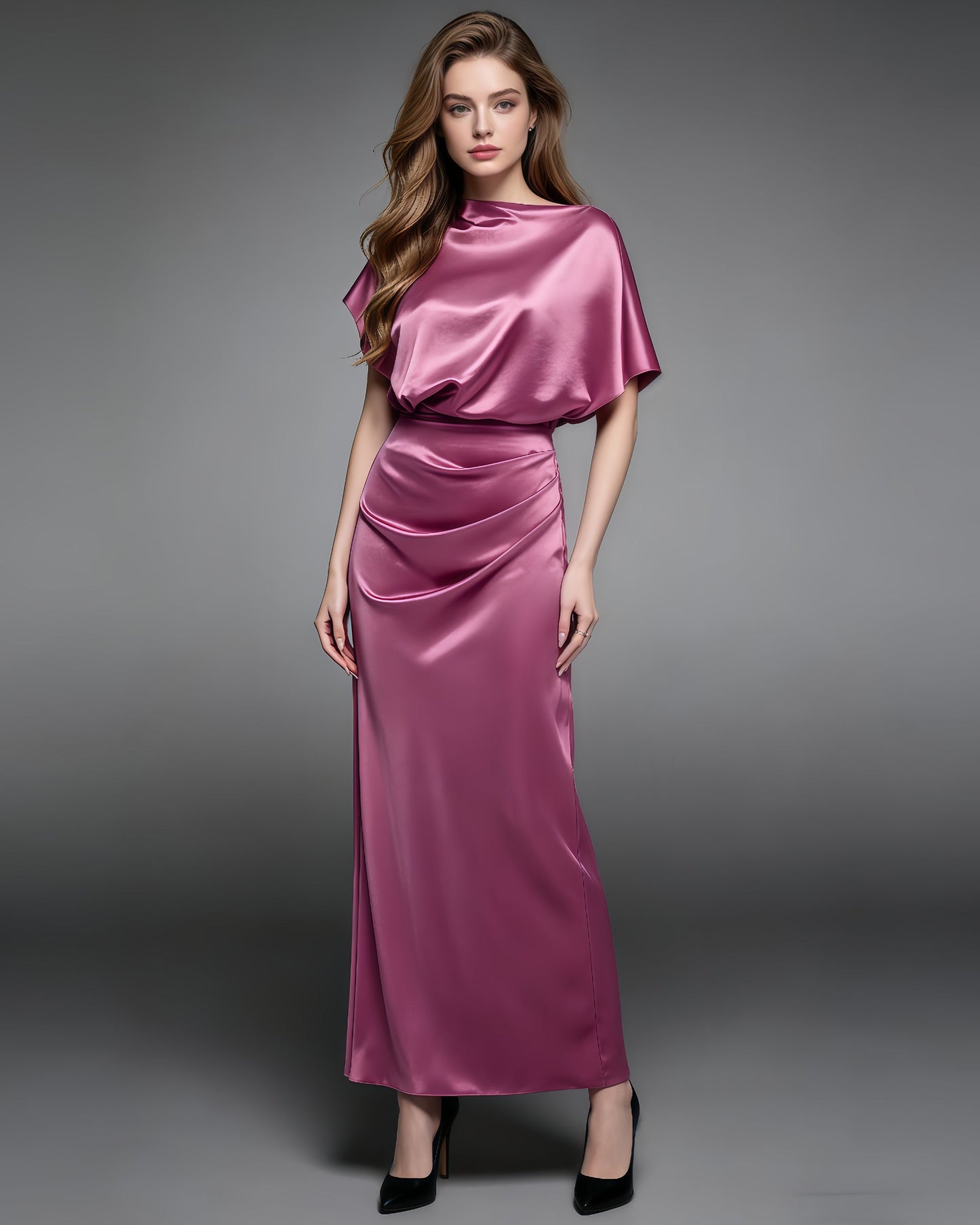 Rose Satin Draped Maxi Dress