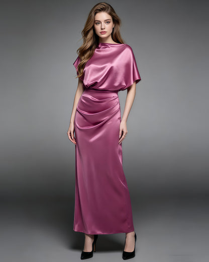 Rose Satin Draped Maxi Dress