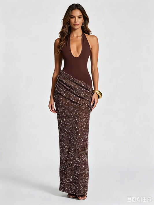 Estelle Sequin Halter Maxi Dress