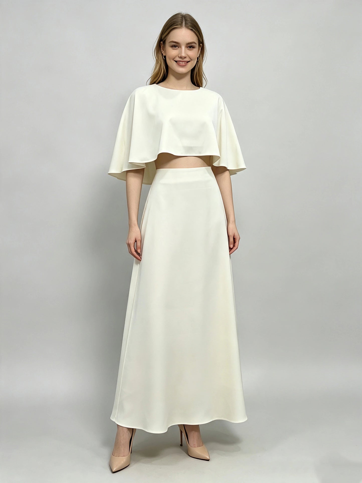 Round Neck Cape Crop Top High Waist Skirt Elegant Set