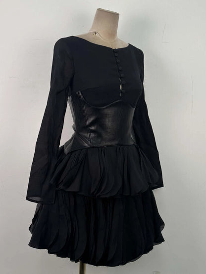 TWOTWINSTYLE Round Neck Long Sleeve Hit Color Elegant Dress