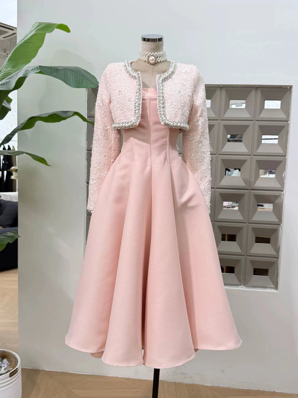 Adele Square-Neck Pearl-Trim Two-Piece Set