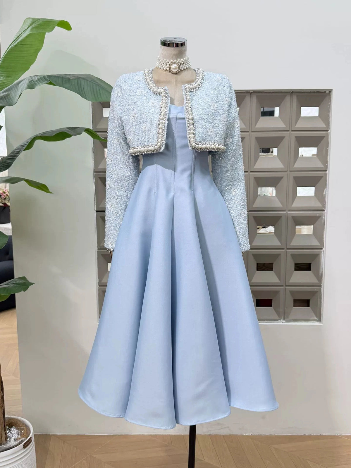 Adele Square-Neck Pearl-Trim Two-Piece Set