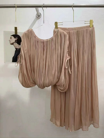 Round Neck Puff Sleeve Crop Top High Waist Skirt Fashion Dress