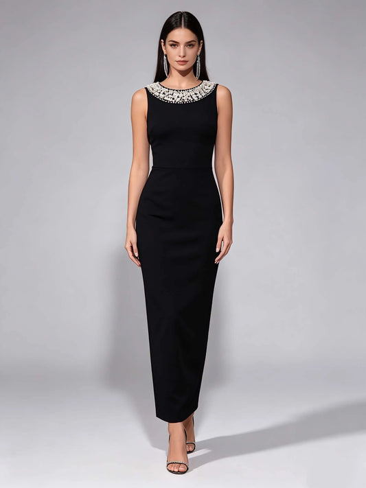 Marina Round-Neck Pearl-Trim Dress