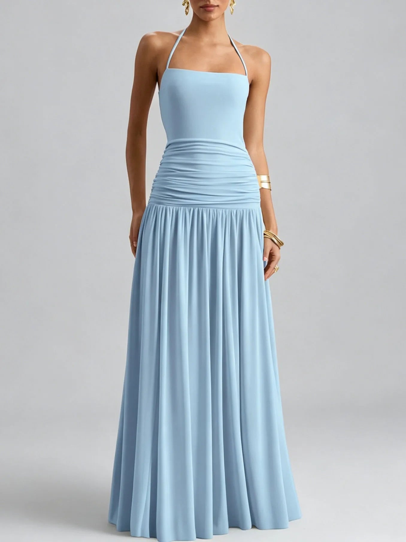 Solid Off Shoulder Ruched High Waist Chic Dress