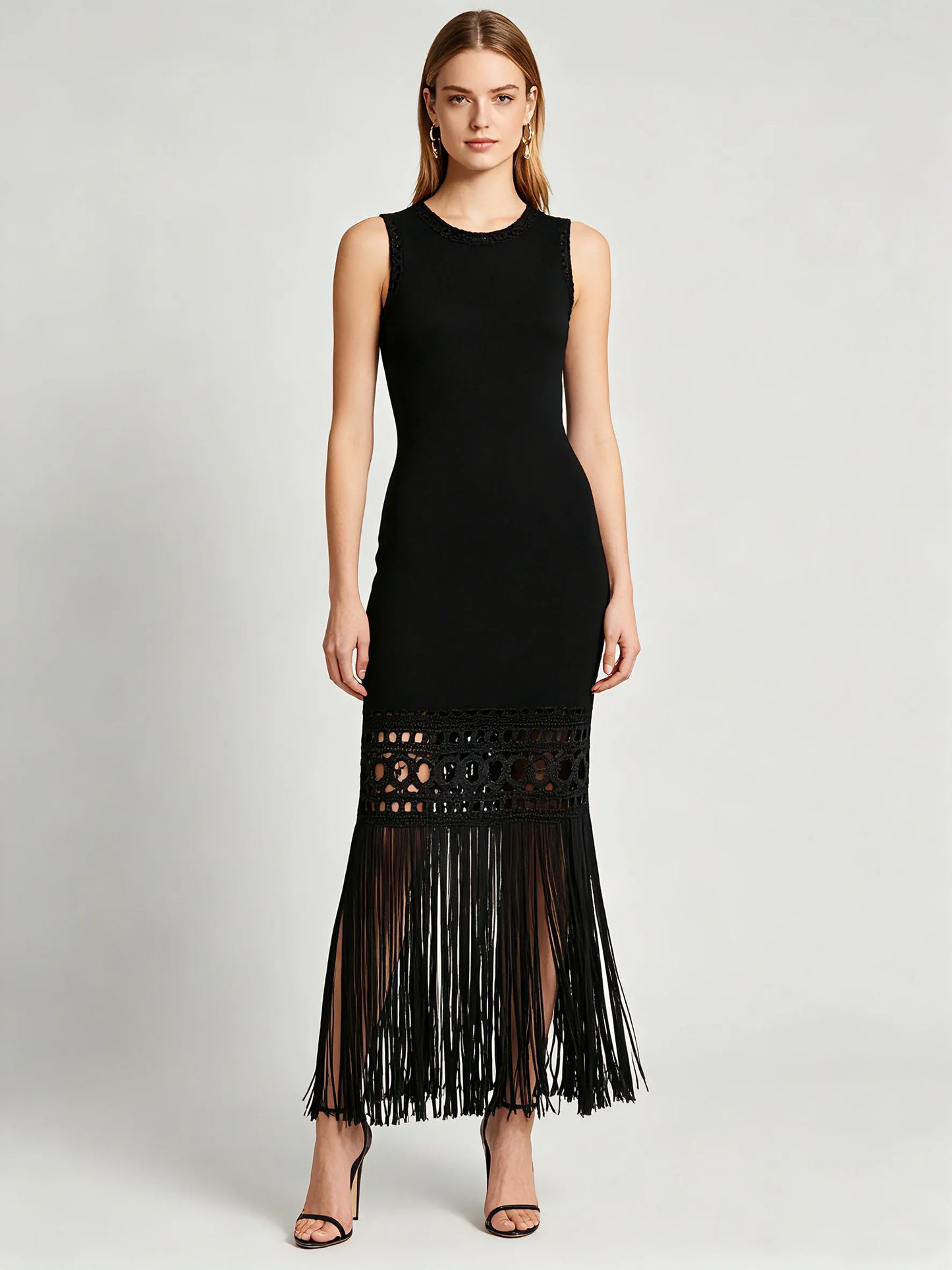 TWOTWINSTYLE Solid Sleeveles Patchwork Tassel Fashion Dress