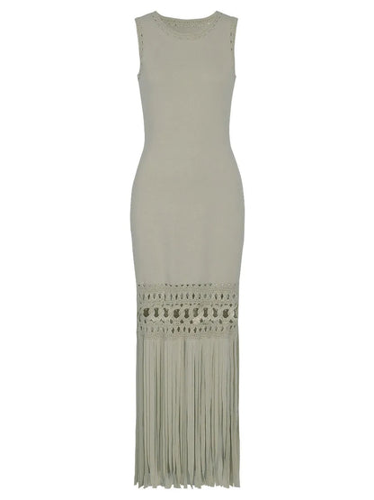 TWOTWINSTYLE Solid Sleeveles Patchwork Tassel Fashion Dress