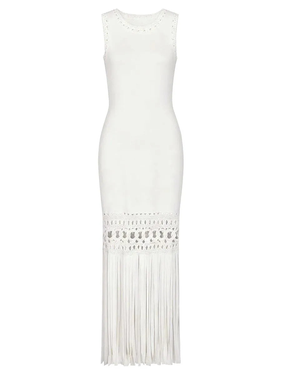 TWOTWINSTYLE Solid Sleeveles Patchwork Tassel Fashion Dress