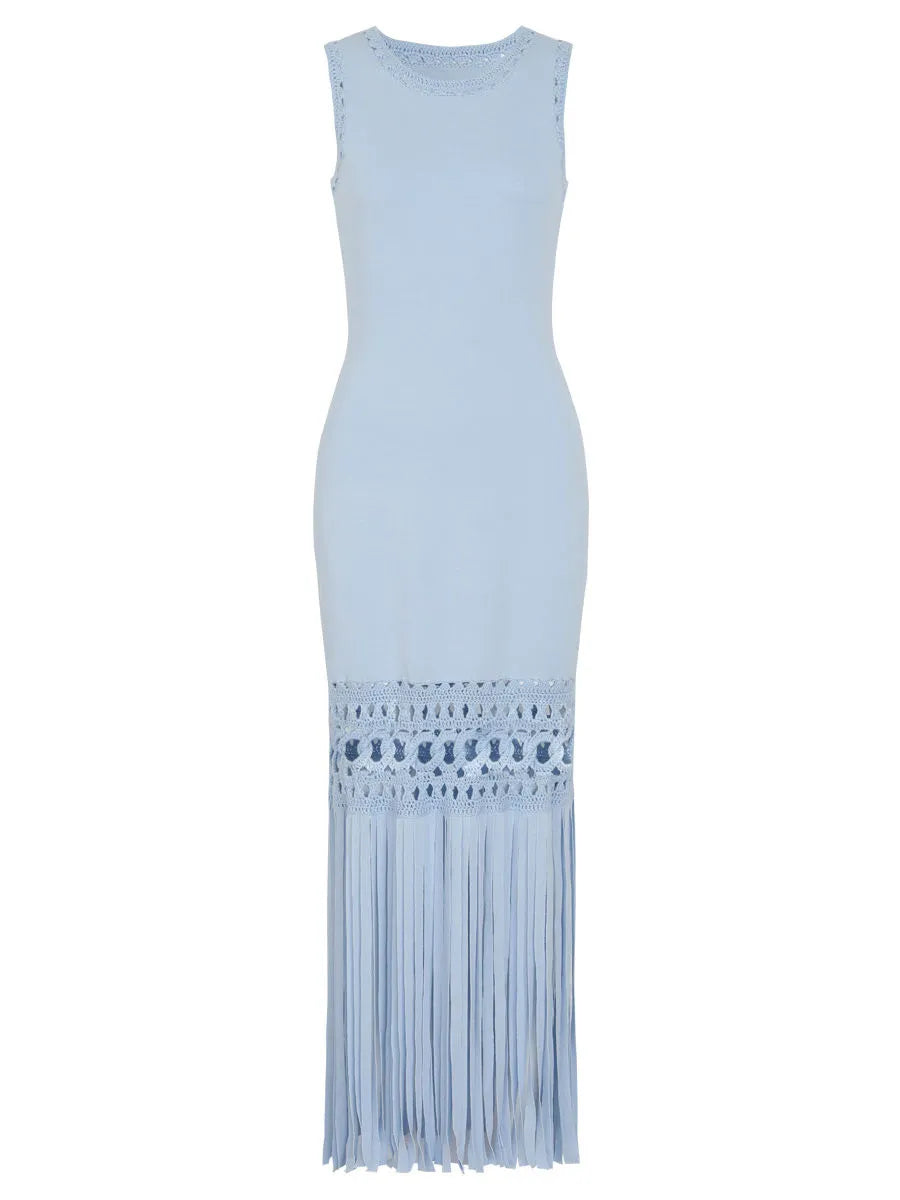 TWOTWINSTYLE Solid Sleeveles Patchwork Tassel Fashion Dress