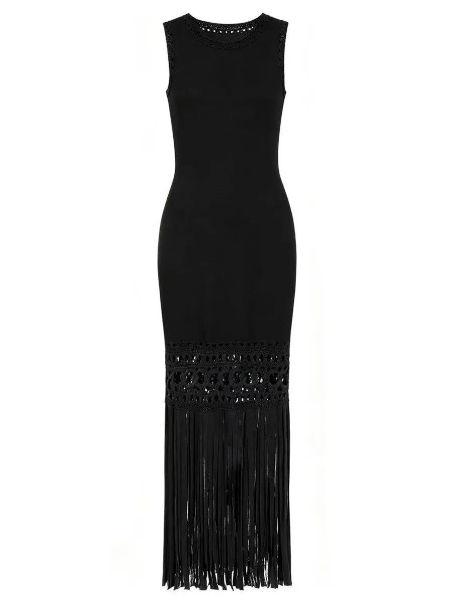 TWOTWINSTYLE Solid Sleeveles Patchwork Tassel Fashion Dress