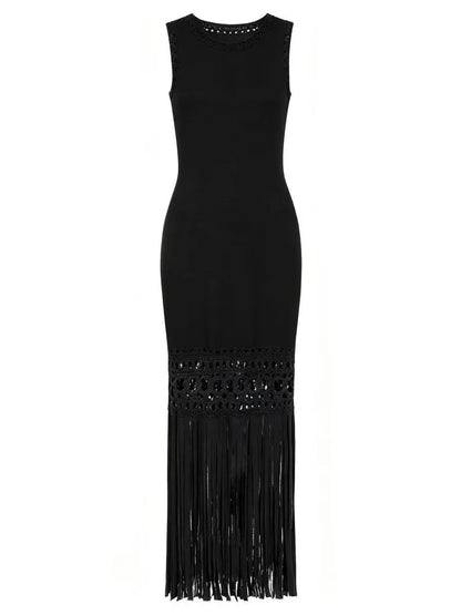 TWOTWINSTYLE Solid Sleeveles Patchwork Tassel Fashion Dress