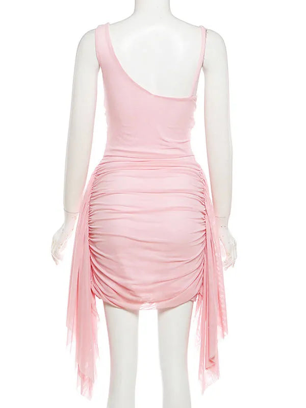 TWOTWINSTYLE Solid Tunic Pleated Irregular Straps Elegant Dress