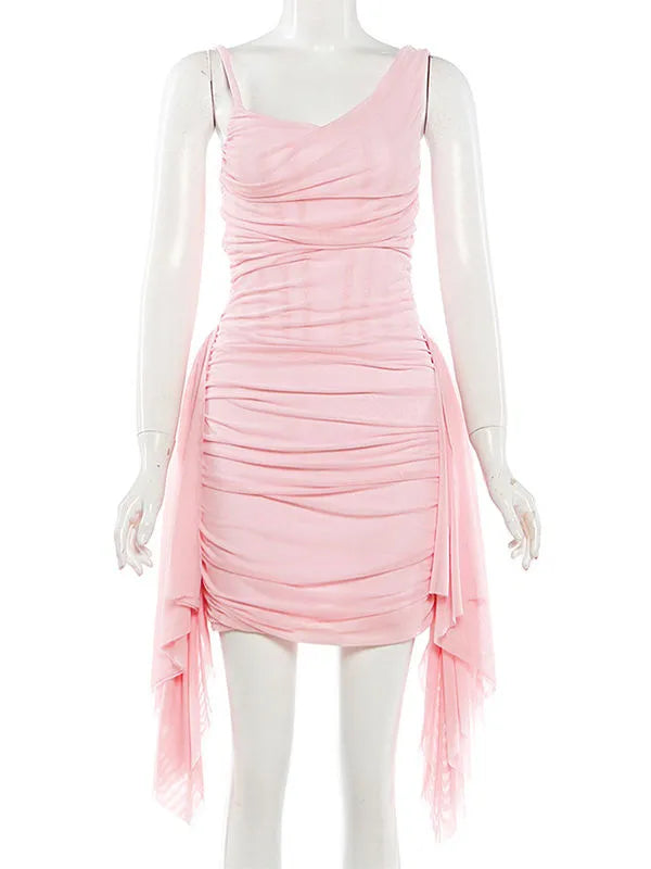 TWOTWINSTYLE Solid Tunic Pleated Irregular Straps Elegant Dress