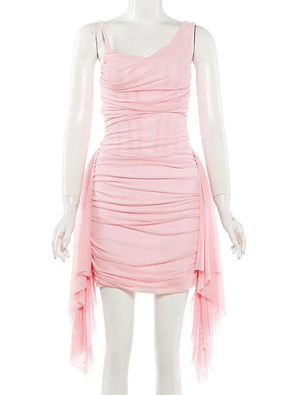 TWOTWINSTYLE Solid Tunic Pleated Irregular Straps Elegant Dress