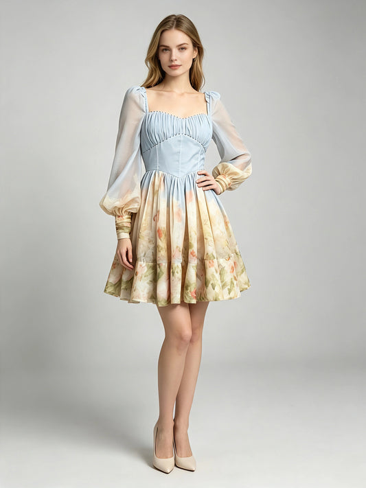 Josephine Square-Neck Puff-Sleeve Dress