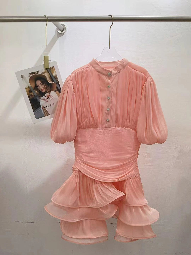 Bette Yüksek Yaka Fırfırlı Mini Elbise