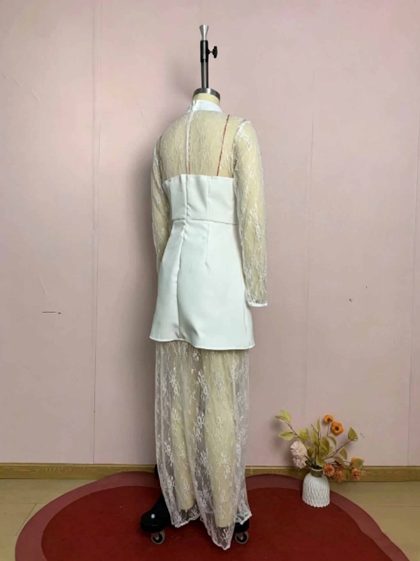 Stand Collar Spliced Lace Tunic Vintage Dress