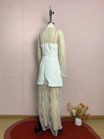 Stand Collar Spliced Lace Tunic Vintage Dress