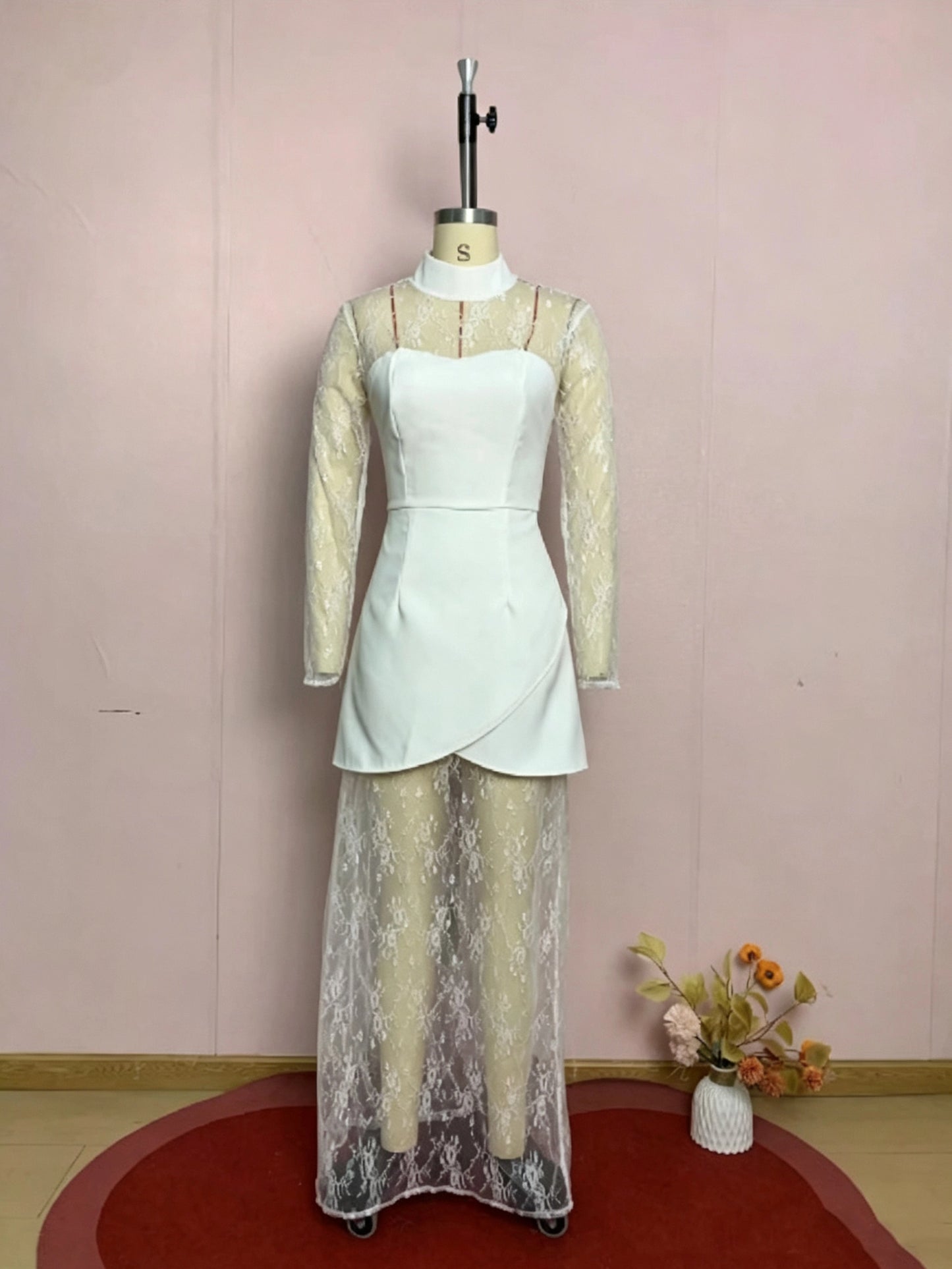 Stand Collar Spliced Lace Tunic Vintage Dress
