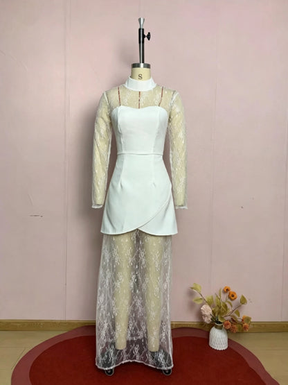 Stand Collar Spliced Lace Tunic Vintage Dress