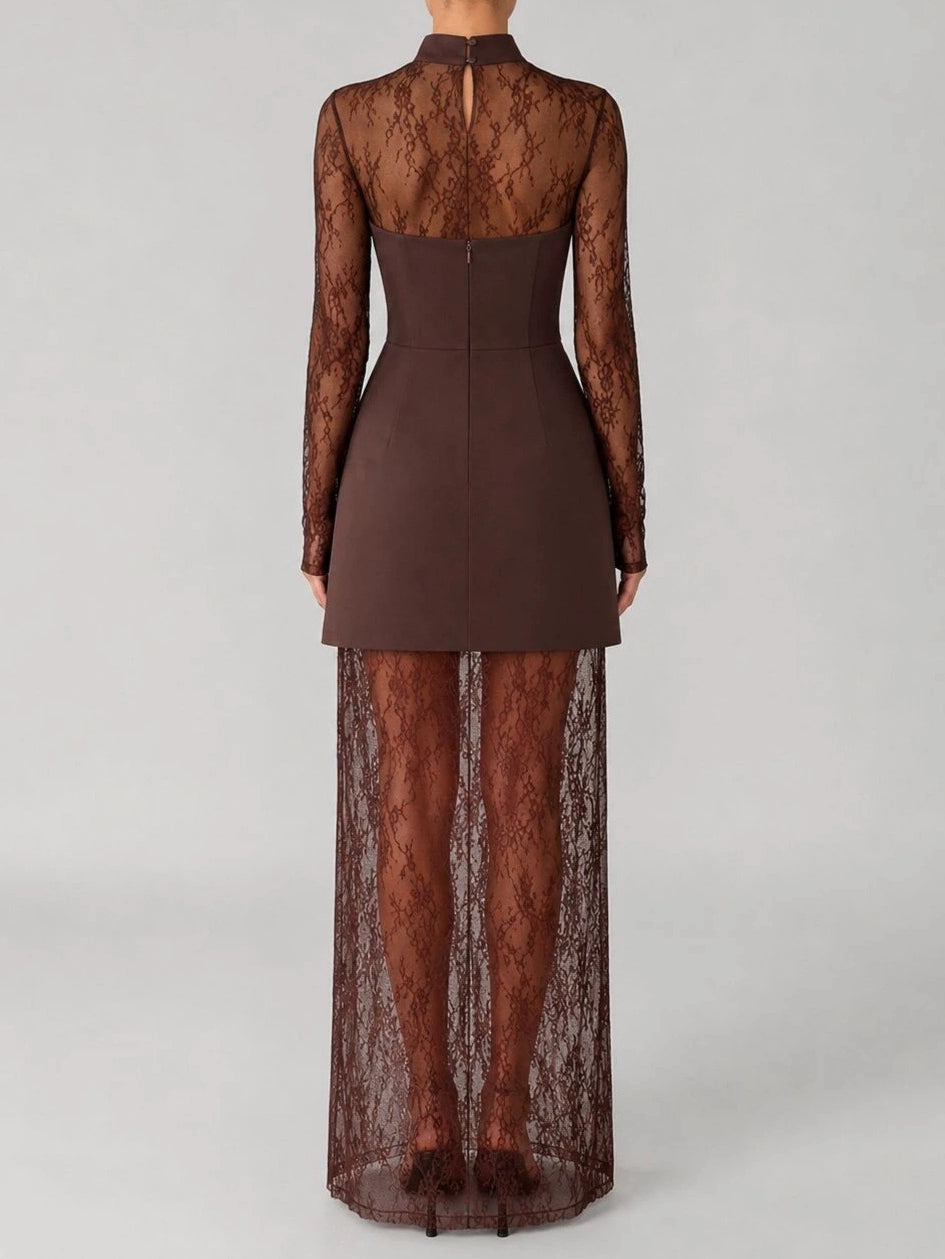 Stand Collar Spliced Lace Tunic Vintage Dress