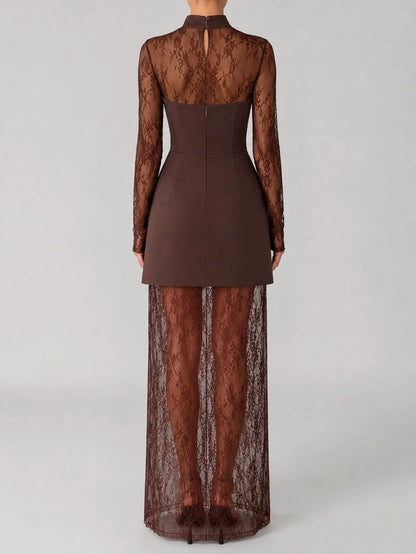 Stand Collar Spliced Lace Tunic Vintage Dress