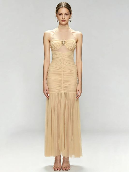 Bruna High-Neck Pleated Dress