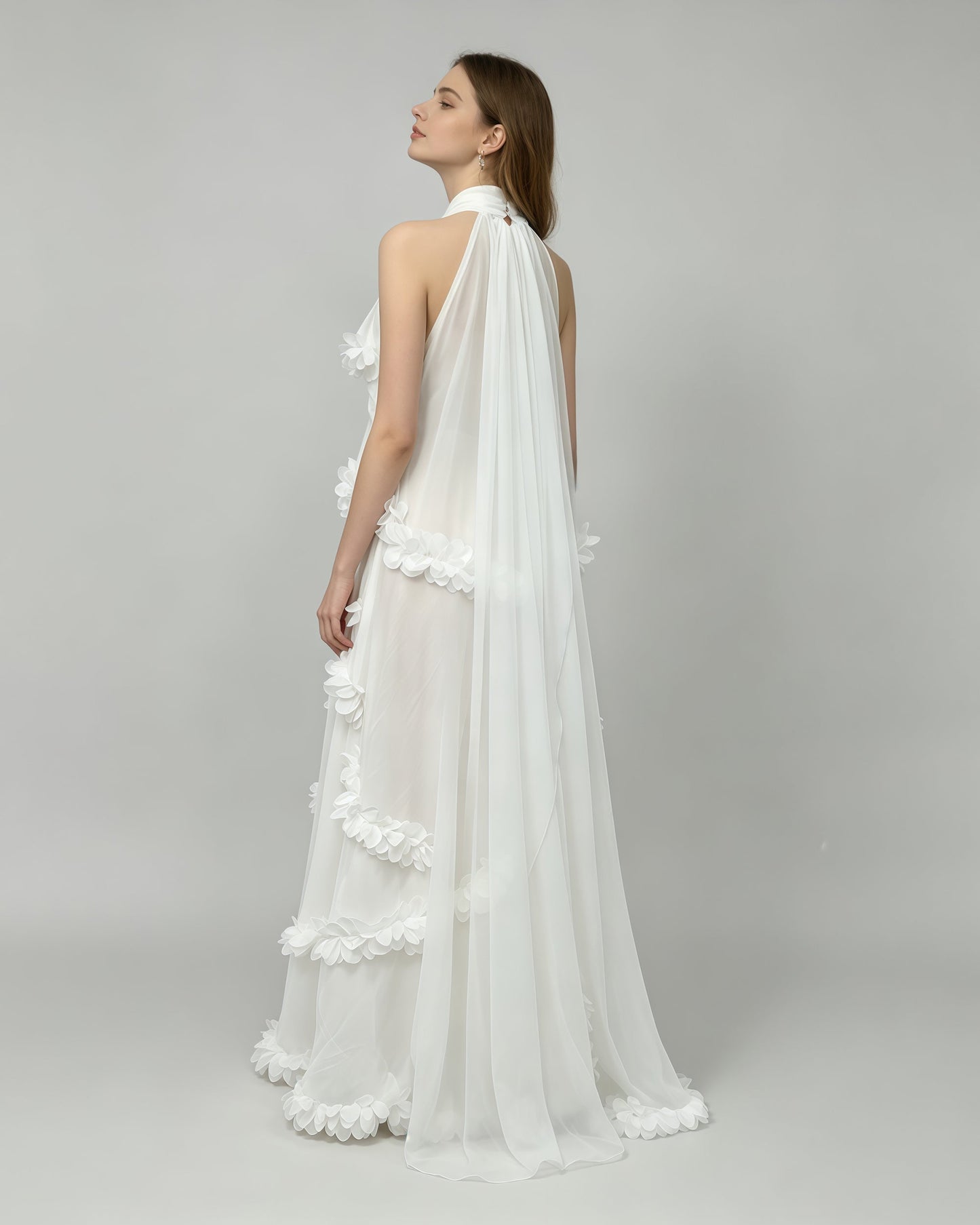White Halter Neck Chiffon Spliced Flower Dress