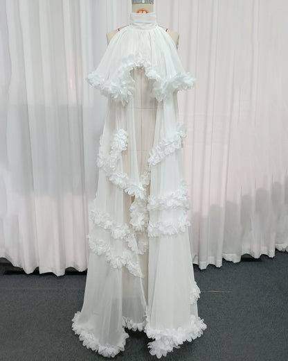 White Halter Neck Chiffon Spliced Flower Dress
