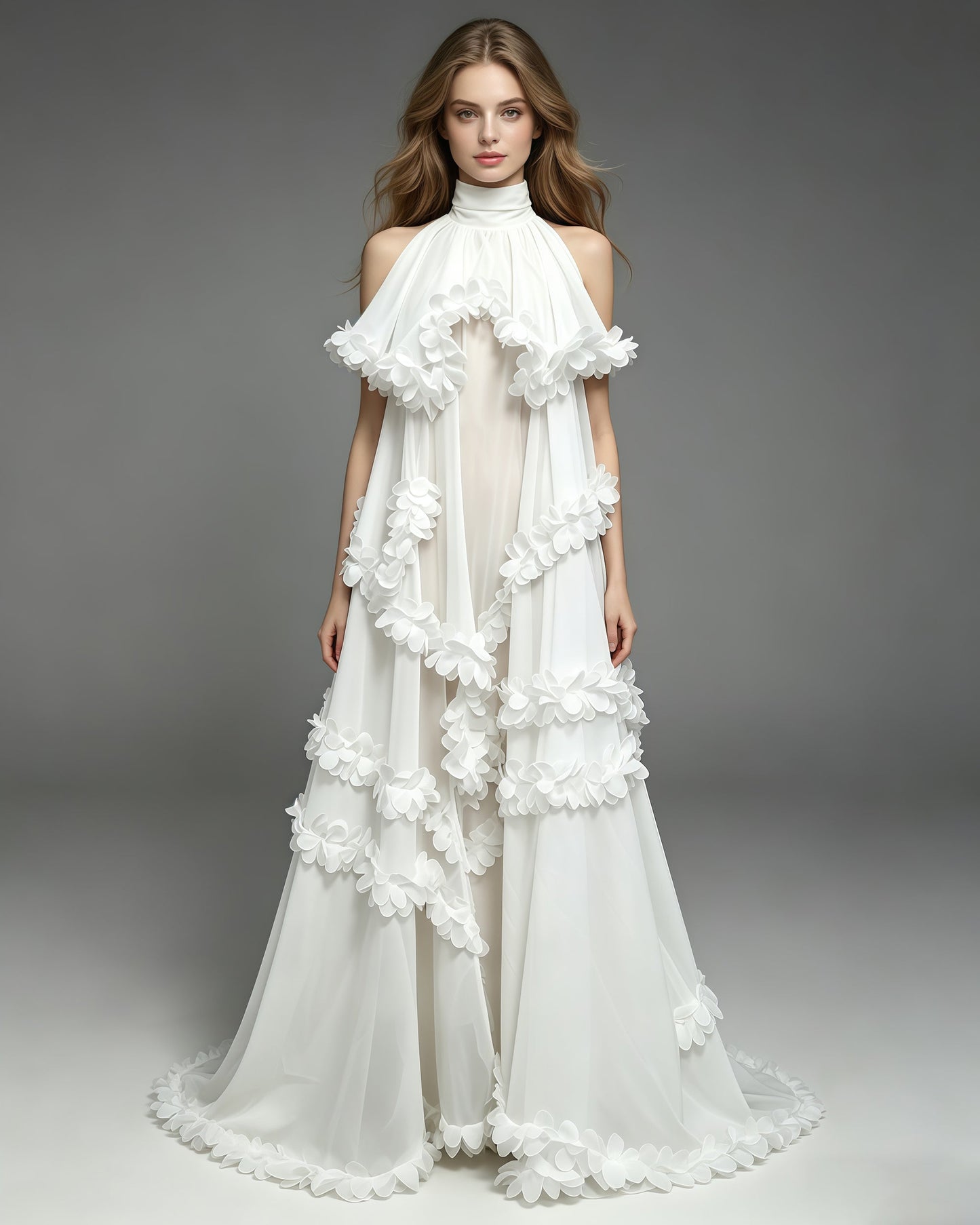 White Halter Neck Chiffon Spliced Flower Dress
