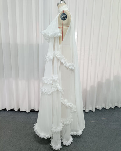 White Halter Neck Chiffon Spliced Flower Dress