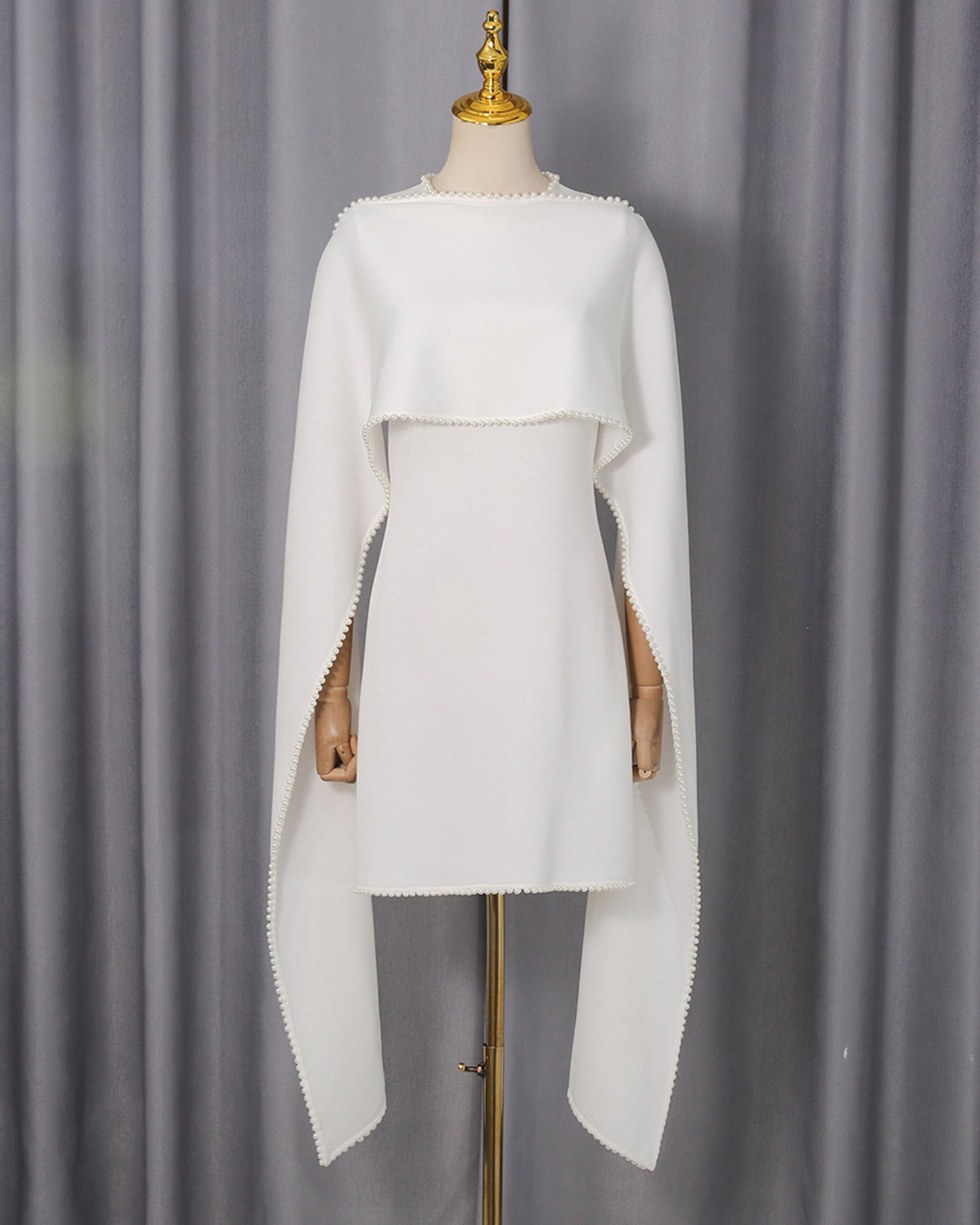 White Pearl Trim Cape Dress Two-Piece Set