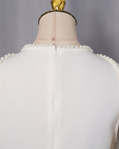 White Pearl Trim Cape Dress Two-Piece Set