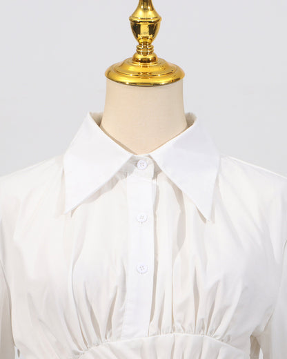 White Ruched Sunburst Shirt Dress