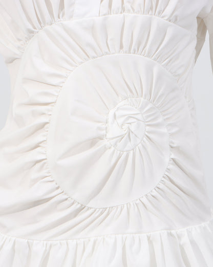 White Ruched Sunburst Shirt Dress