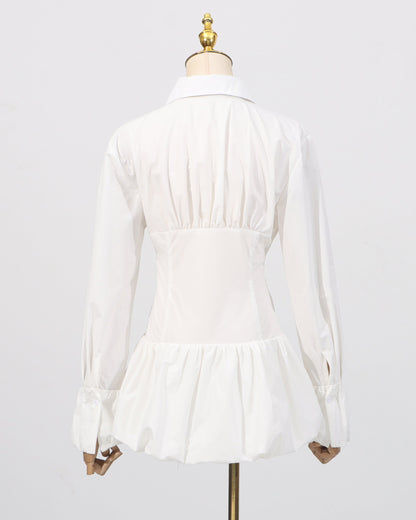 White Ruched Sunburst Shirt Dress