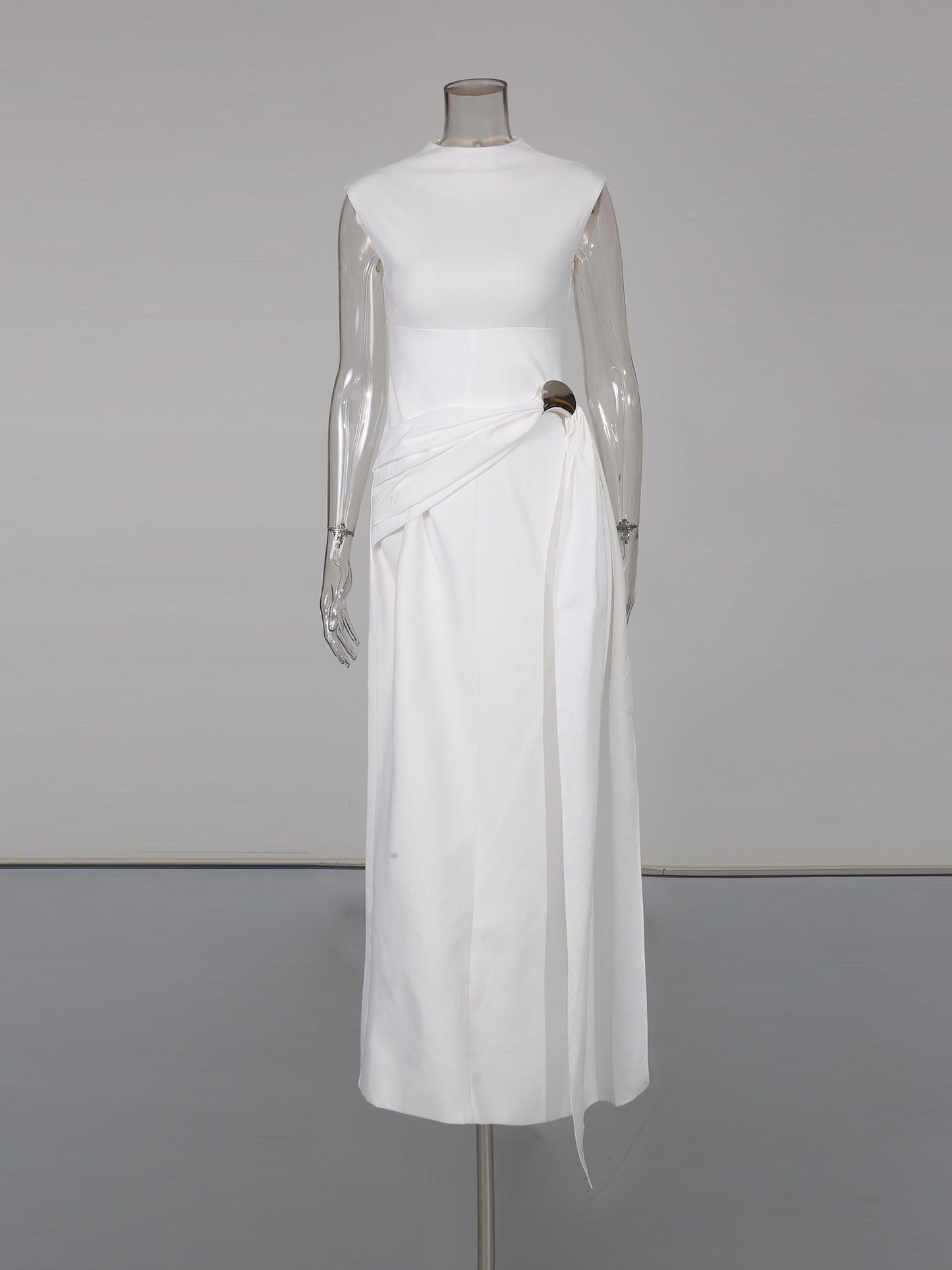 Beige Sleeveless Midi Dress with Metal-Accent Drape