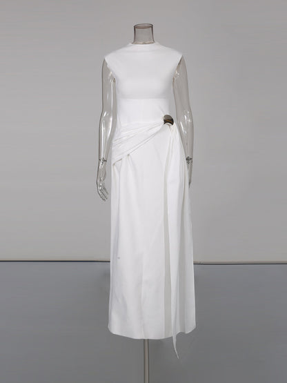 Beige Sleeveless Midi Dress with Metal-Accent Drape