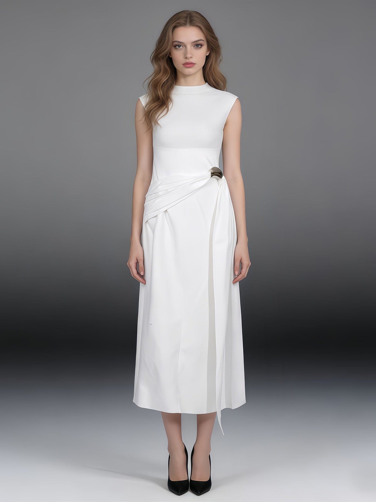 Beige Sleeveless Midi Dress with Metal-Accent Drape
