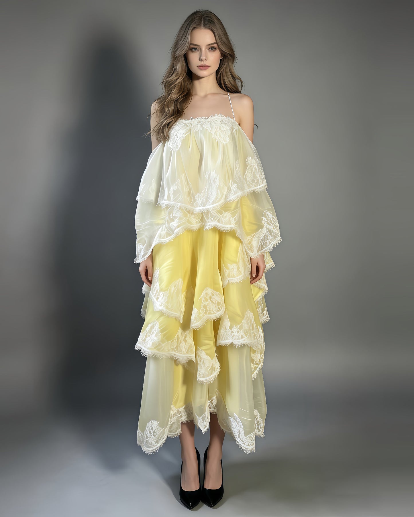 Yellow Ombre Lace Tiered Midi Dress